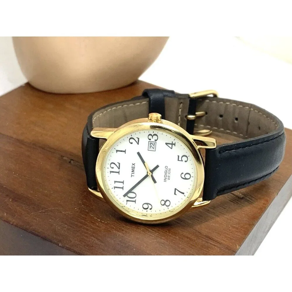 Timex Men's Watch T2H291 Quartz Indiglo Gold White Dial Black Leather Band 35mm